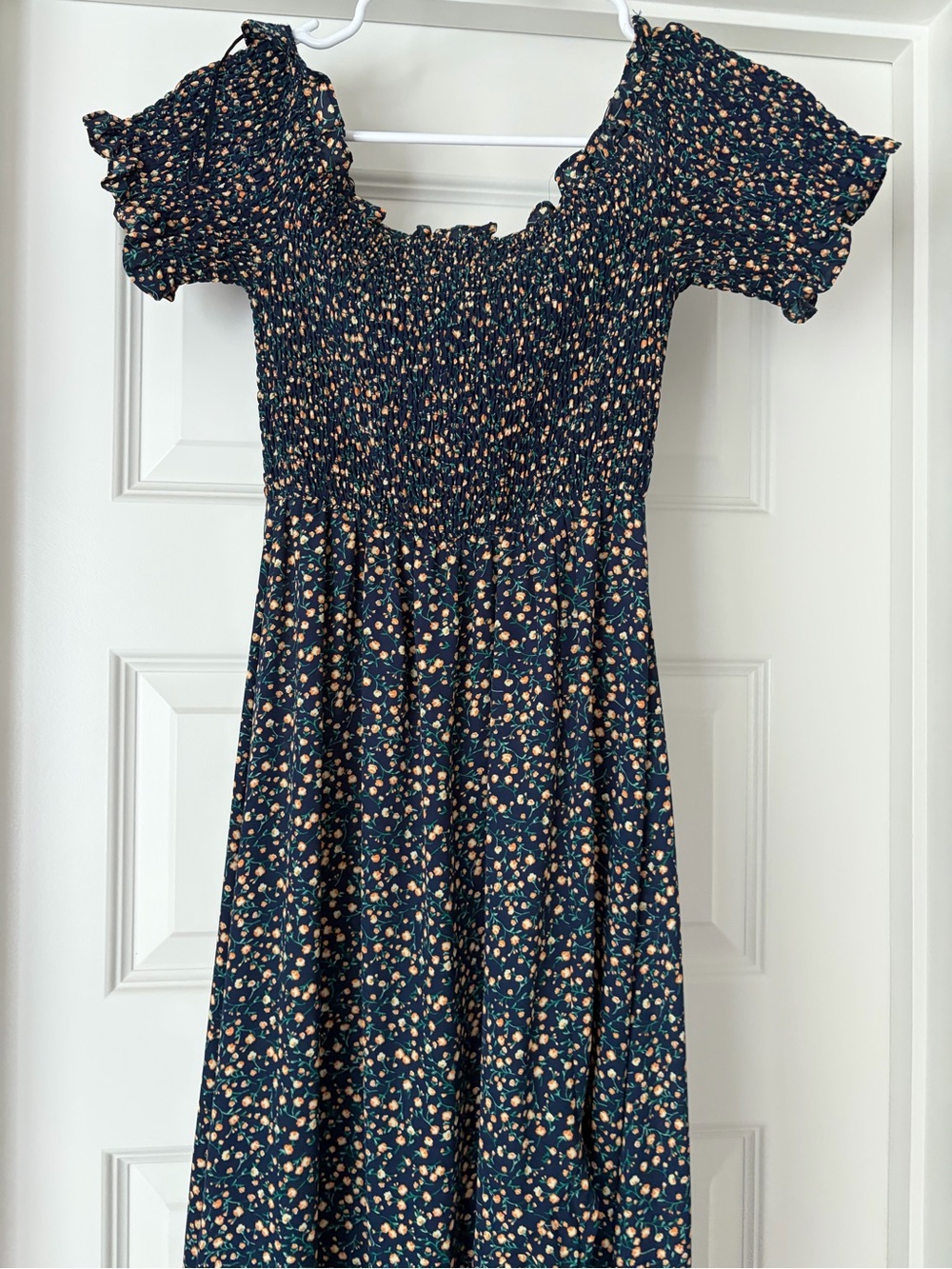 Smocked Navy Floral Maxi Dress with Ruffle Hem - Picture 2 of 3